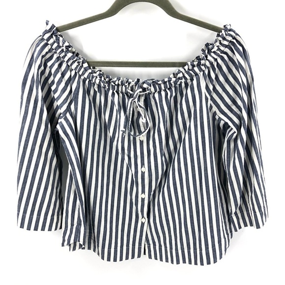 Madewell Size Medium Shimmer Stripe Off Shoulder Top Blue White Shirt Blouse - Picture 3 of 10